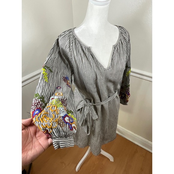 Feather Bone Anthropologie Stripe Embroidered Sleeve Tunic‎ Dress Women Size XS - Picture 3 of 13